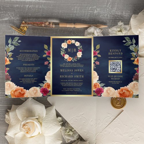 Rustic Earthy Floral Wreath QR Code Navy Wedding Tri_Fold Invitation