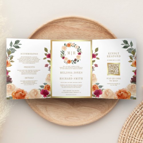 Rustic Earthy Floral Wreath QR Code Wedding Tri_Fold Invitation