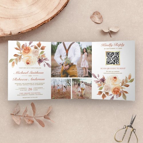 Rustic Earthy Ivory Floral Photo QR Code Wedding Tri_Fold Invitation