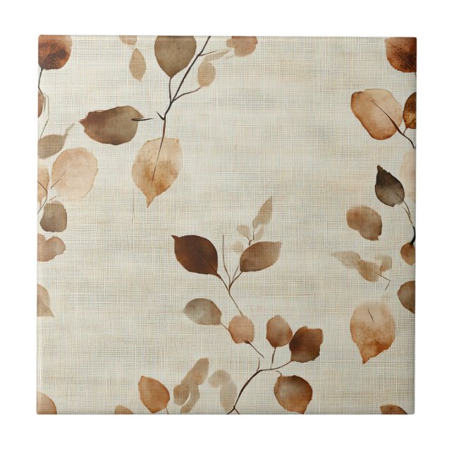 Rustic Earthy Leaves and Twigs Nature Pattern Ceramic Tile (Front)
