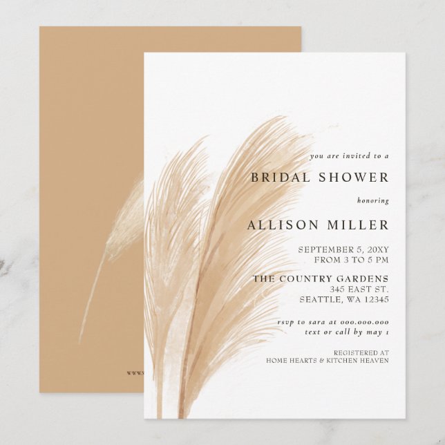 Rustic Earthy Neutral Boho Pampas Bridal Shower  I Invitation (Front/Back)