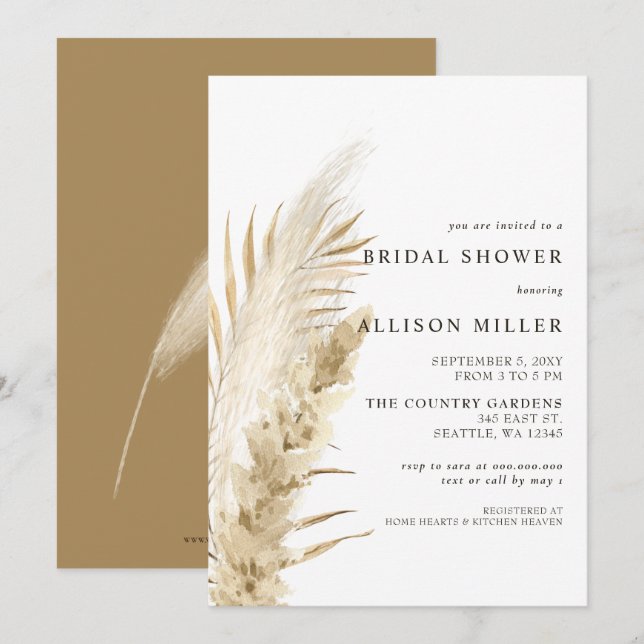 Rustic Earthy Neutral Boho Pampas Bridal Shower  I Invitation (Front/Back)