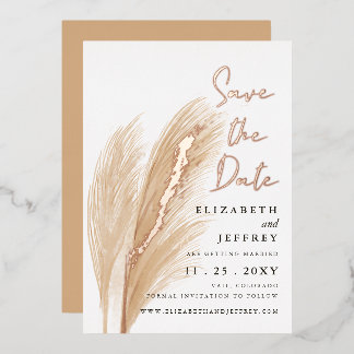 Rustic Earthy Neutral Boho Pampas Save The Date Foil Invitation