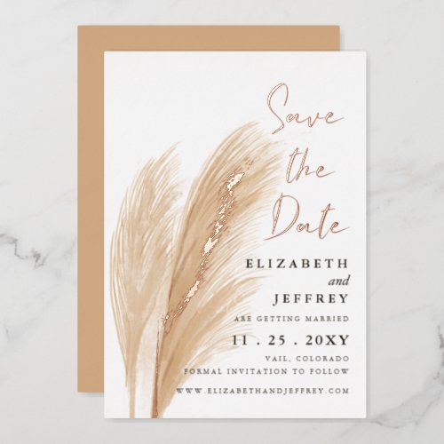 Rustic Earthy Neutral Boho Pampas Save The Date  Foil Invitation