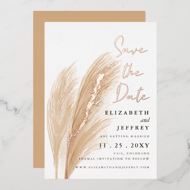 Rustic Earthy Neutral Boho Pampas Save The Date  Foil Invitation (Front/Back)