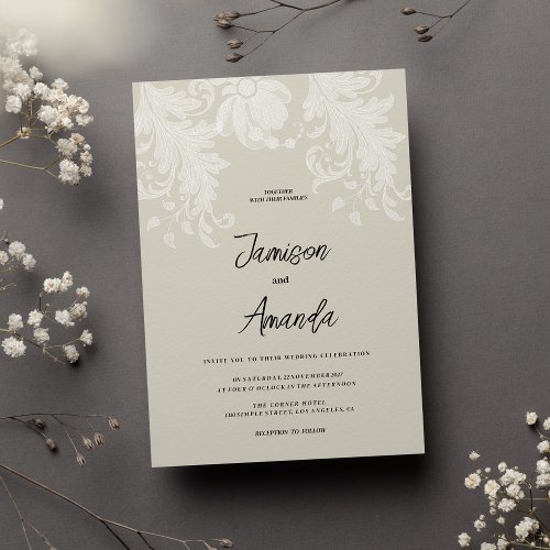 Rustic earthy neutral white floral lace Wedding Invitation