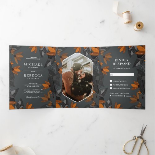 Rustic Earthy Orange Terracotta Floral Wedding Tri_Fold Invitation