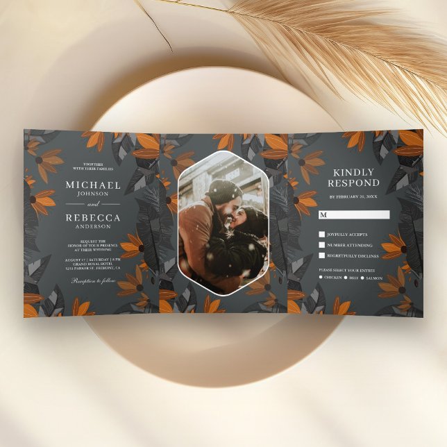 Rustic Earthy Orange Terracotta Floral Wedding Tri-Fold Invitation (Creator Uploaded)
