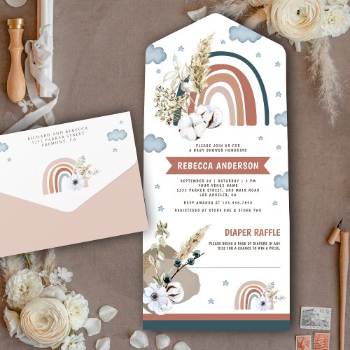 Rustic Earthy Pampas Boho Rainbow Baby Shower All In One Invitation