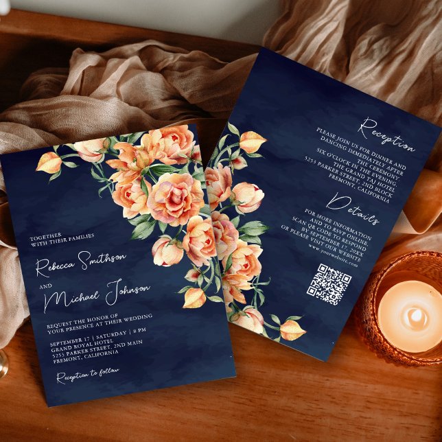 Rustic Earthy Peach Floral Navy QR Code Wedding Invitation (Creator Uploaded)