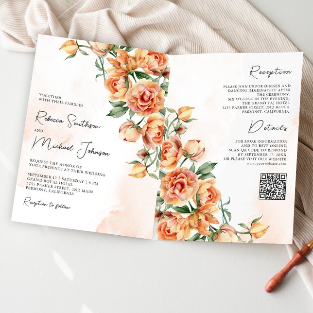 Rustic Earthy Peach Floral QR Code Wedding Invitation (Creator Uploaded)