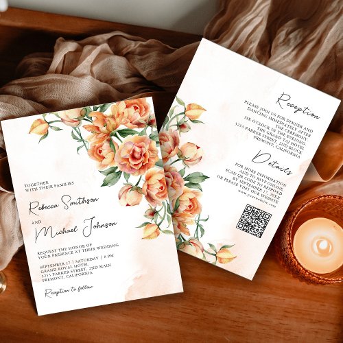 Rustic Earthy Peach Floral QR Code Wedding Invitation