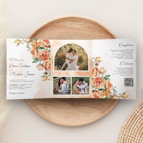 Rustic Earthy Peach Floral QR Code Wedding Tri_Fold Invitation