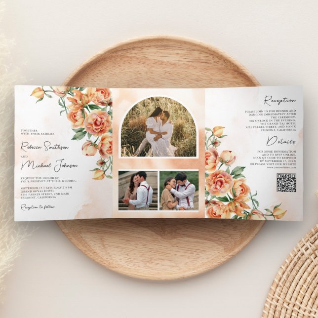 Rustic Earthy Peach Floral QR Code Wedding Tri-Fold Invitation (Creator Uploaded)