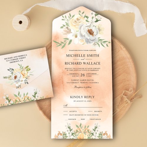 Rustic Earthy Soft Watercolor Peach Floral Wedding All In One Invitation
