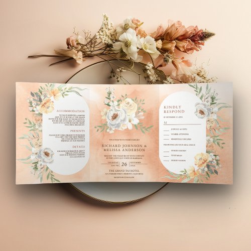 Rustic Earthy Soft Watercolor Peach Floral Wedding Tri_Fold Invitation