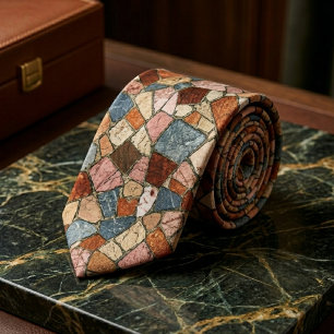 Rustic Earthy Terracotta and Marble Stone Mosaic Neck Tie