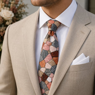 Rustic Earthy Terracotta and Marble Stone Mosaic Neck Tie