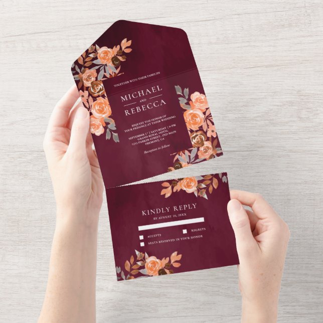 Rustic Earthy Terracotta Floral Burgundy Wedding All In One Invitation (Tearaway)