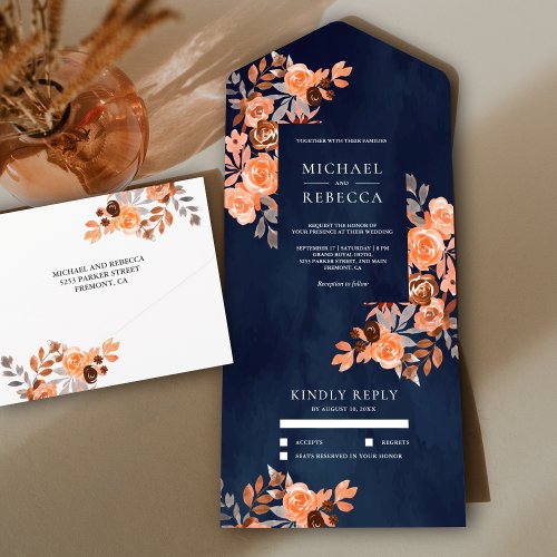 Rustic Earthy Terracotta Floral Navy Blue Wedding All In One Invitation