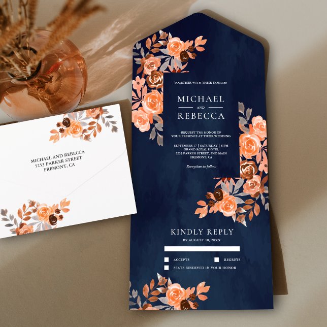 Rustic Earthy Terracotta Floral Navy Blue Wedding All In One Invitation (Creator Uploaded)