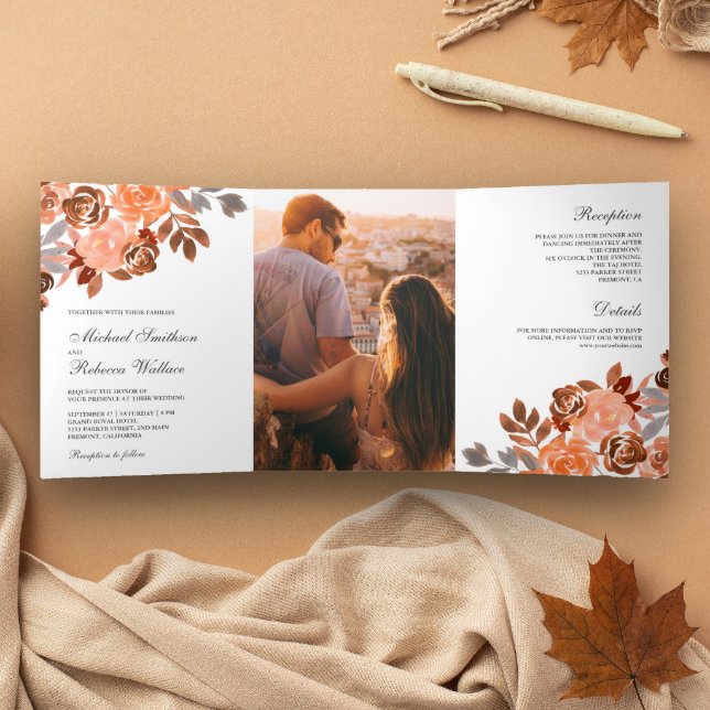 Rustic Earthy Terracotta Floral Wedding Tri-Fold Invitation