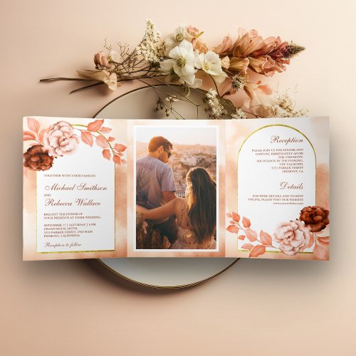 Rustic Earthy Watercolor Floral Terracotta Wedding Tri_Fold Invitation
