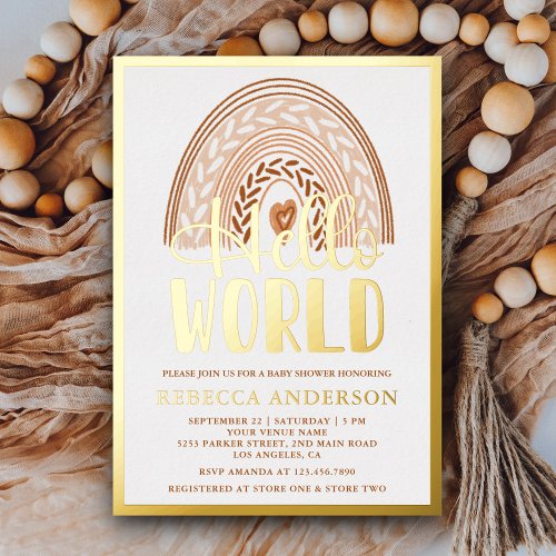 Rustic Earthy Watercolor Rainbow Baby Shower Gold Foil Invitation
