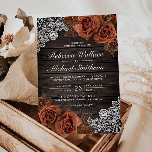 Rustic Earthy Wood Dusty Terracotta Rose Wedding Invitation
