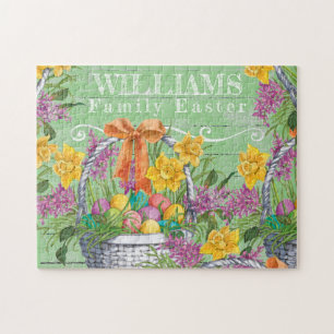 Rustic Easter Basket Eggs Floral Family Name Jigsaw Puzzle