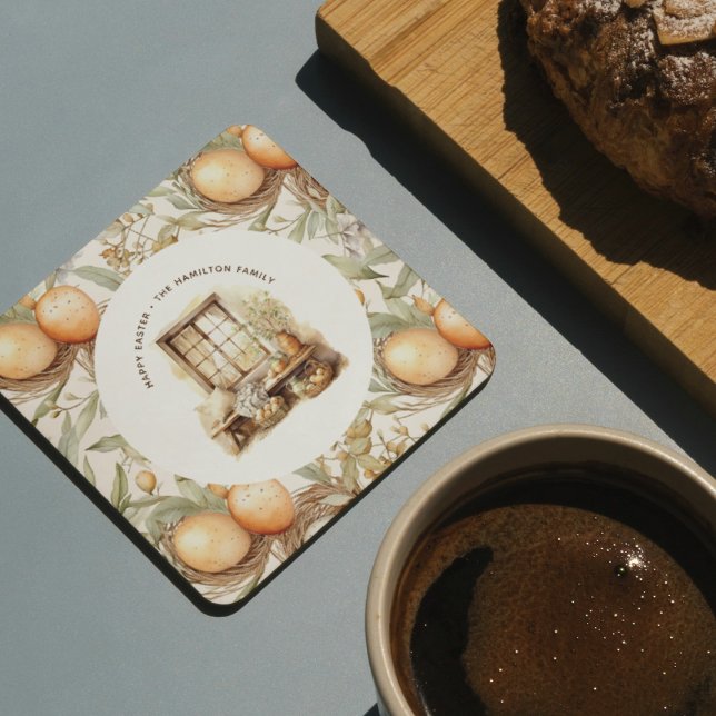 Rustic Easter Beige  Family Name Round Paper Coaster (Creator Uploaded)