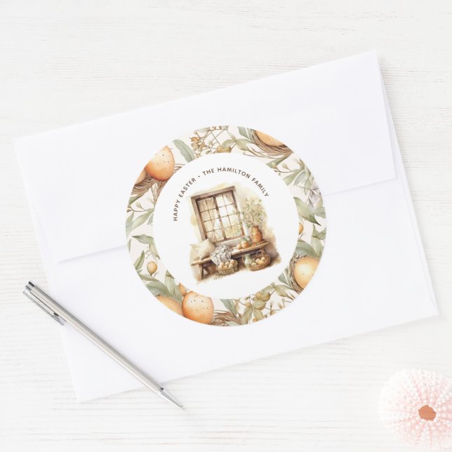 Rustic Easter Beige Personalized Classic Round Sticker (Envelope)