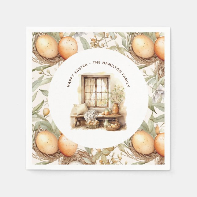 Rustic Easter Beige Personalized Family Name Napkins (Front)