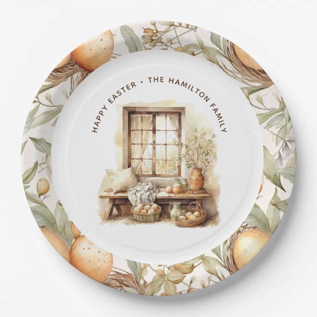 Rustic Easter Beige Personalized Family Name Paper Plates (Front)