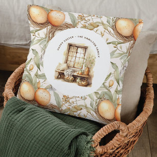 Rustic Easter Beige Watercolor Family Name Throw Pillow