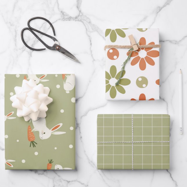Rustic Easter Bunny Warm Spring set of 3 Wrapping Paper Sheets (Front)