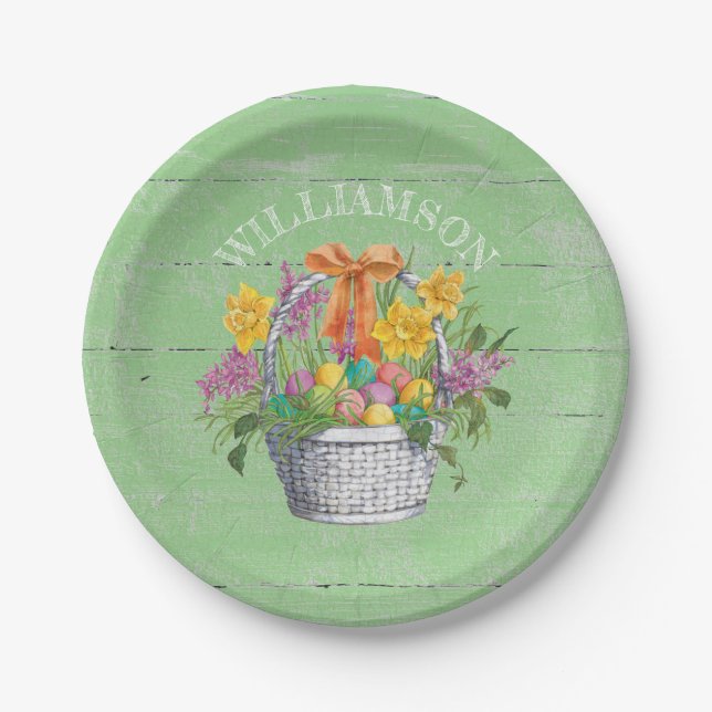 Rustic Easter Eggs Floral Basket on Green Paper Plates (Front)