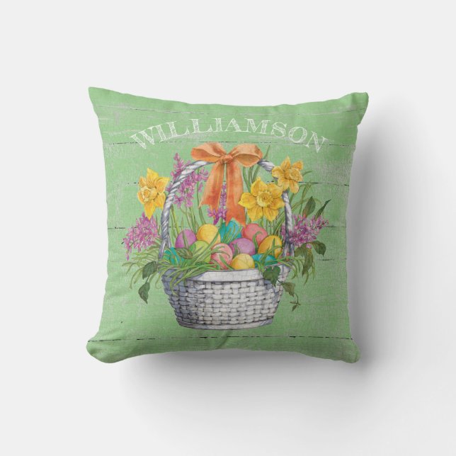 Rustic Easter Eggs Floral Basket on Green Throw Pillow (Front)