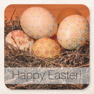 Rustic Easter eggs in nest Square Paper Coaster