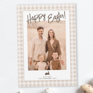 Rustic Easter Family Photo Beige Gingham And Bunny Card