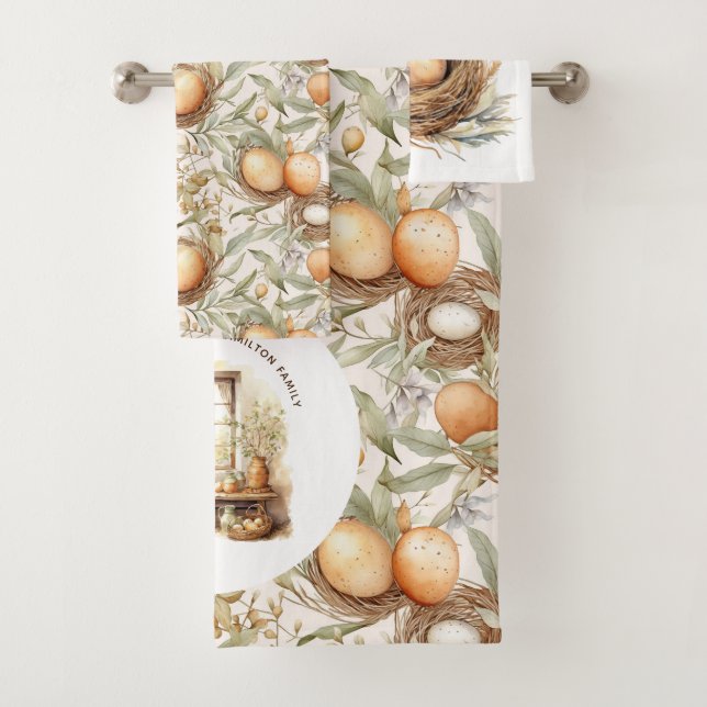 Rustic Easter Personalized Family Beige  Bath Towel Set (Insitu)