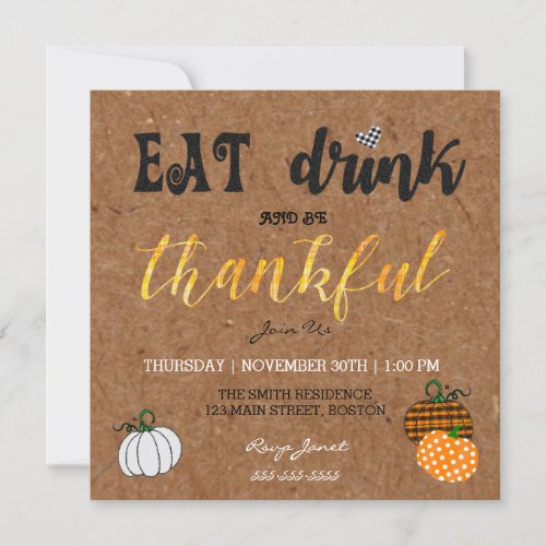 Rustic Eat And Drink Thanksgiving Dinner Party Invitation