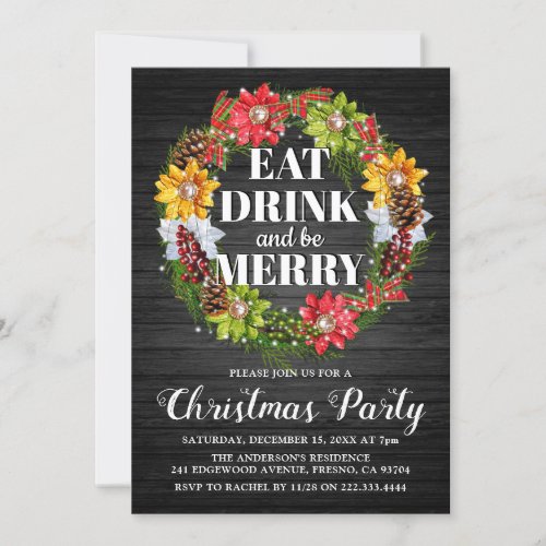 Rustic Eat Drink  Be Merry Christmas Wreath Invitation