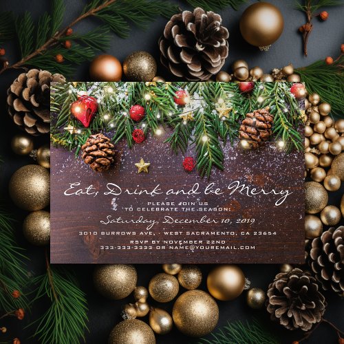 Rustic Eat Drink  be Merry Xmas Holiday Party Invitation