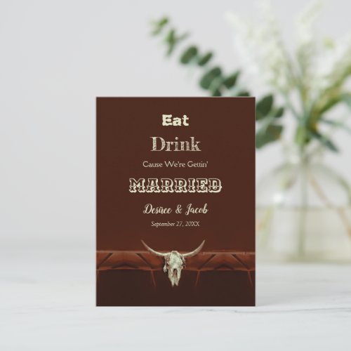 Rustic Eat Drink Married Wedding Bull Skull Announcement Postcard
