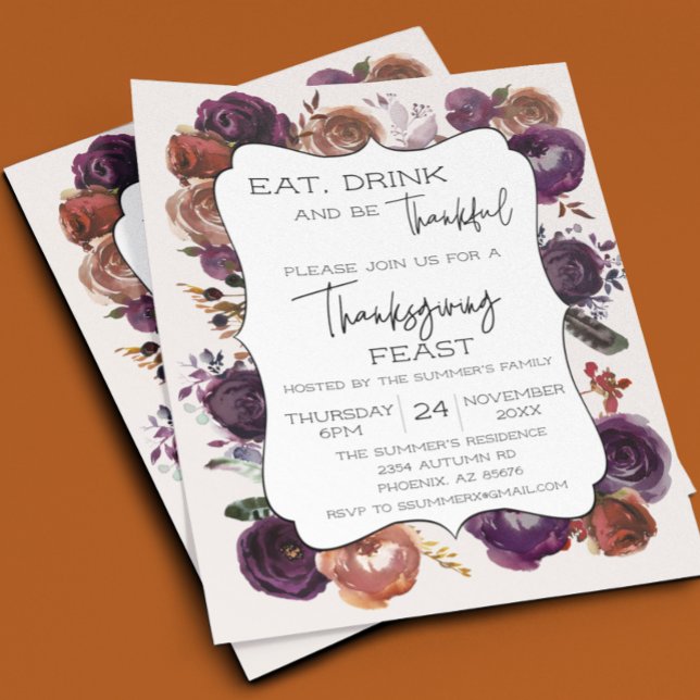 Rustic Eat Drink Thankful Thanksgiving Floral Rose Flyer (Creator Uploaded)