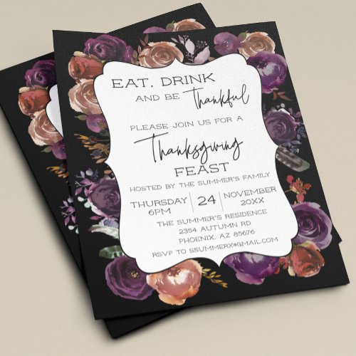 Rustic Eat Drink Thankful Thanksgiving Floral Rose Flyer