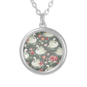 Rustic Eegant Swans & Hearts Elements Pattern Silver Plated Necklace