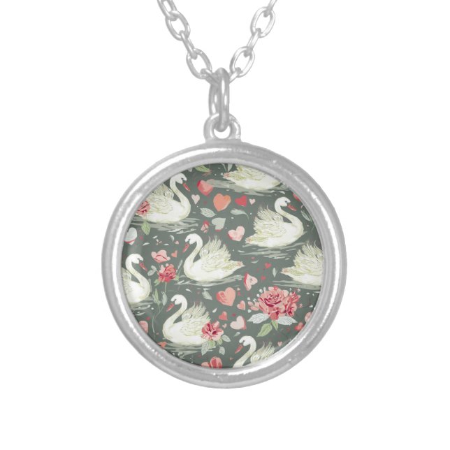 Rustic Eegant Swans & Hearts Elements Pattern Silver Plated Necklace (Front)