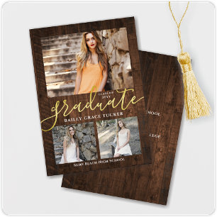 Rustic Elegance 3-Photo Collage Graduation Announcement